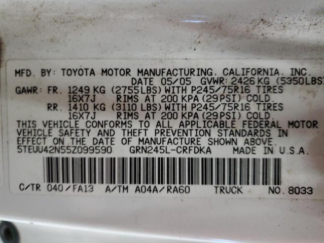 5TEUU42N55Z099590 - 2005 TOYOTA TACOMA ACCESS CAB Ақ фото 13