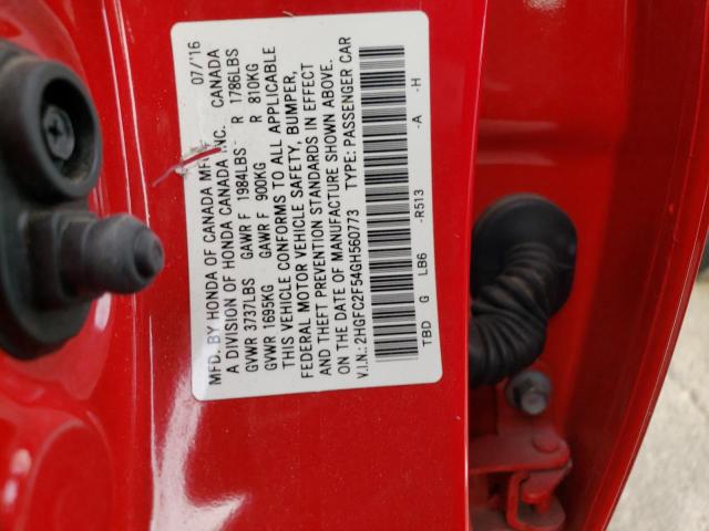 2HGFC2F54GH560773 - 2016 HONDA CIVIC LX RED photo 12