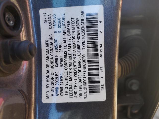 2HGFC1F71HH658799 - 2017 HONDA CIVIC EXL ნაცრისფერი ფოტო 12