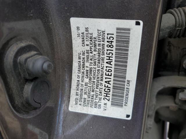 2HGFA1E61AH518451 - 2010 HONDA CIVIC LX-S 灰色 照片 12