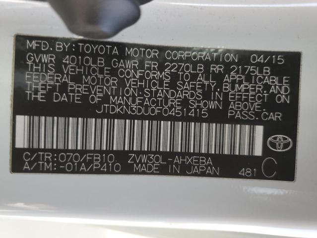 JTDKN3DU0F0451415 - 2015 TOYOTA PRIUS WHITE photo 12