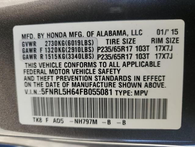 5FNRL5H64FB055081 - 2015 HONDA ODYSSEY EXL GRAY photo 13