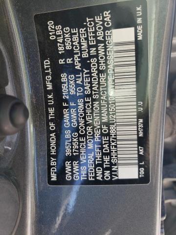 SHHFK7H88LU215010 - 2020 HONDA CIVIC EXL ნაცრისფერი ფოტო 13