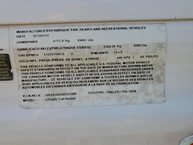 5SFEB302XBE231560 - 2011 HEARTLAND TRAILRUNNR WHITE photo 10