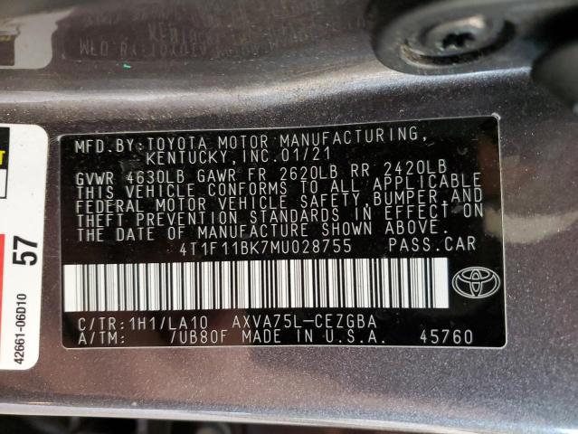 4T1F11BK7MU028755 - 2021 TOYOTA CAMRY XLE GRAY photo 13