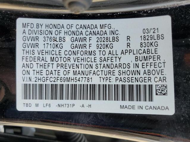 2HGFC2F69MH547781 - 2021 HONDA CIVIC LX BLACK photo 12