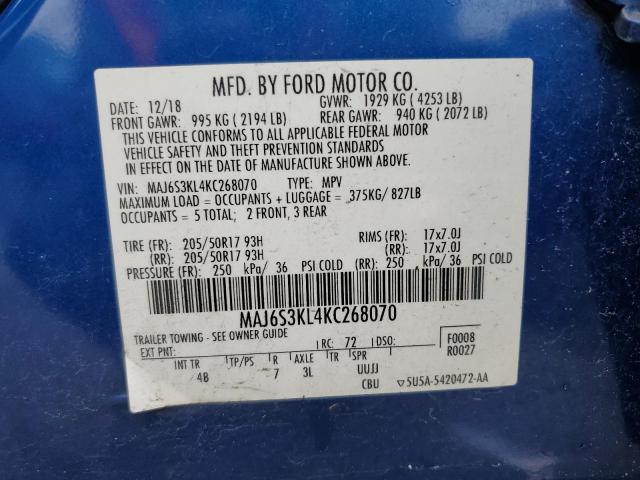 MAJ6S3KL4KC268070 - 2019 FORD ECOSPORT TITANIUM BLUE photo 13