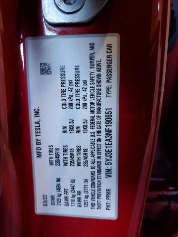 5YJ3E1EA3NF190651 - 2022 TESLA MODEL 3 RED photo 12