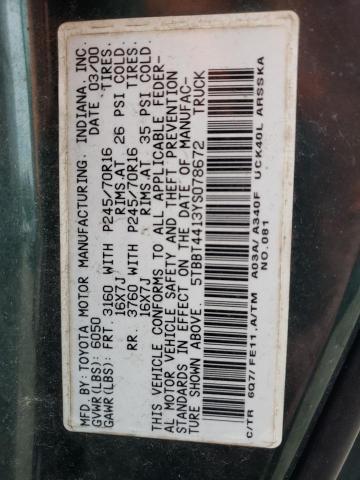 5TBBT4413YS078672 - 2000 TOYOTA TUNDRA ACCESS CAB მწვანე ფოტო 12