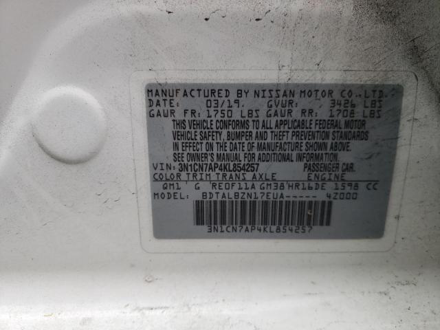 3N1CN7AP4KL854257 - 2019 NISSAN VERSA S WHITE photo 13