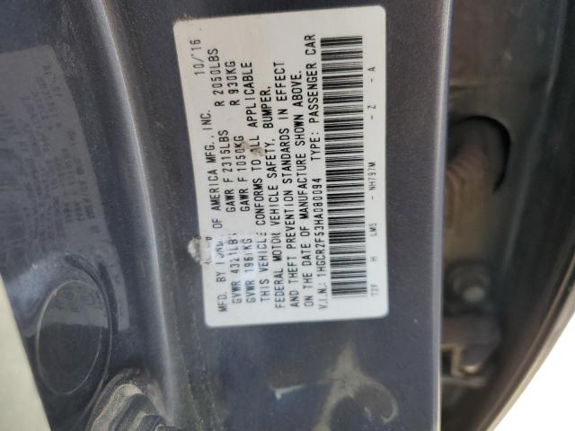 1HGCR2F53HA080094 - 2017 HONDA ACCORD SPORT GRAY photo 12