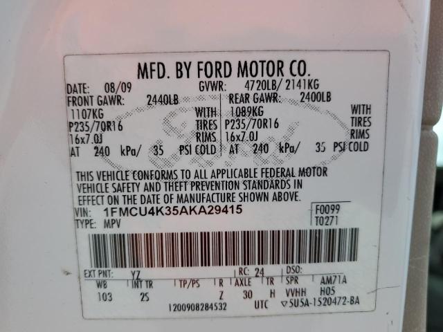 1FMCU4K35AKA29415 - 2010 FORD ESCAPE HYBRID WHITE photo 12