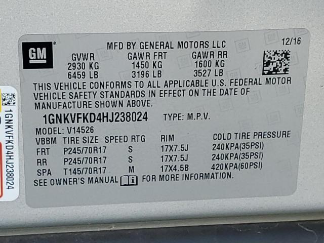 1GNKVFKD4HJ238024 - 2017 CHEVROLET TRAVERSE LS SILVER photo 12