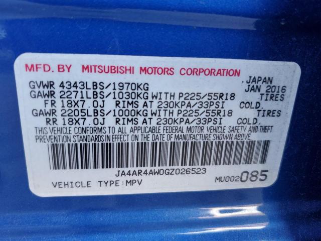 JA4AR4AW0GZ026523 - 2016 MITSUBISHI OUTLANDER SEL BLUE photo 12