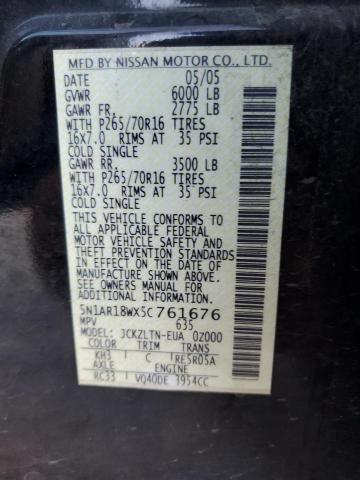 5N1AR18WX5C761676 - 2005 NISSAN PATHFINDER LE BLACK photo 12