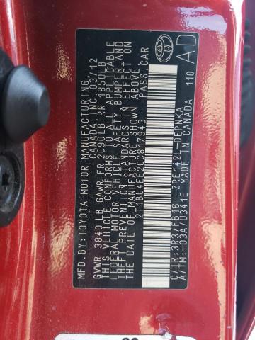 2T1BU4EE2CC817943 - 2012 TOYOTA COROLA BASE RED photo 13