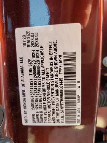 5FNYF7H56MB001445 - 2021 HONDA PASSPORT EXL BURGUNDY photo 13