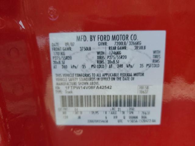 1FTPW14V08FA42542 - 2008 FORD F150 SUPERCREW RED photo 12