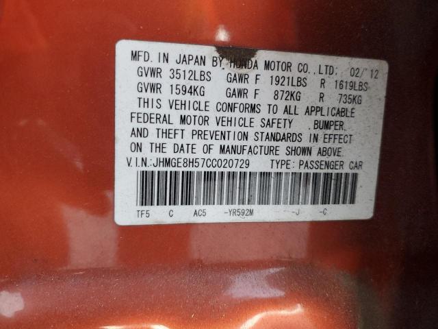 JHMGE8H57CC020729 - 2012 HONDA FIT SPORT ORANGE photo 12