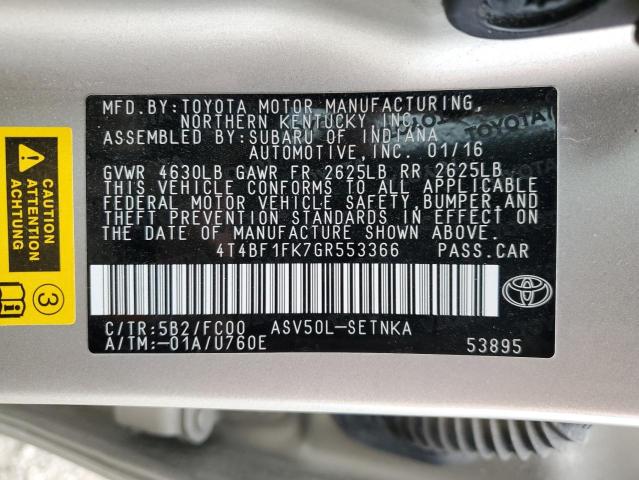 4T4BF1FK7GR553366 - 2016 TOYOTA CAMRY LE BEIGE photo 12