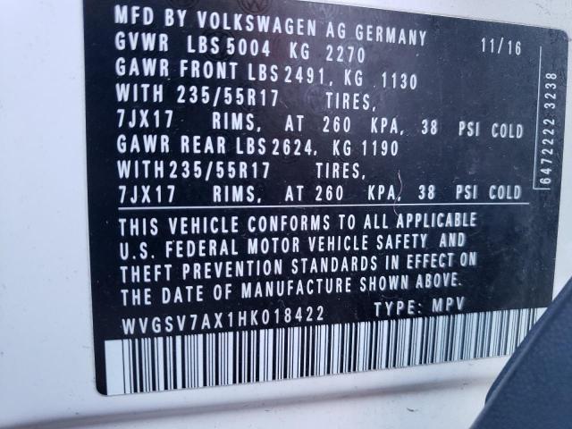 WVGSV7AX1HK018422 - 2017 VOLKSWAGEN TIGUAN WOLFSBURG WHITE photo 14