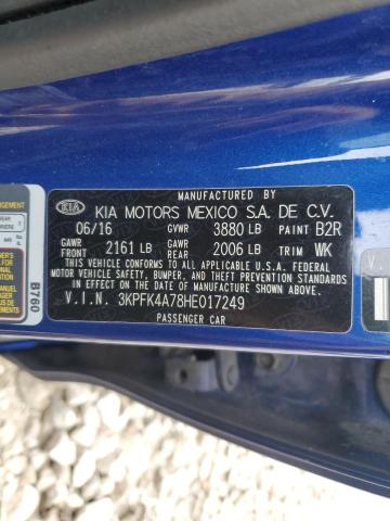 3KPFK4A78HE017249 - 2017 KIA FORTE LX BLUE photo 12