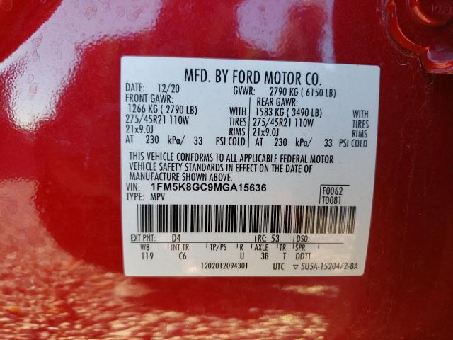 1FM5K8GC9MGA15636 - 2021 FORD EXPLORER ST RED photo 14