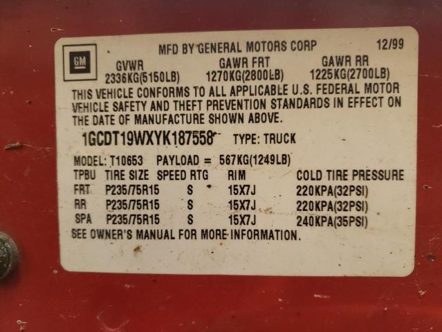 1GCDT19WXYK187558 - 2000 CHEVROLET S TRUCK S10 RED photo 12