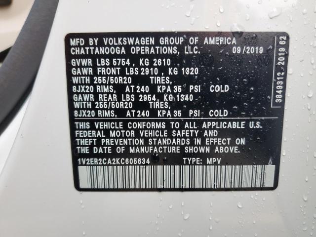 1V2ER2CA2KC605634 - 2019 VOLKSWAGEN ATLAS SEL WHITE photo 13