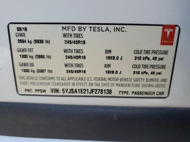 5YJSA1E21JF278138 - 2018 TESLA MODEL S Սպիտակ լուսանկար 12
