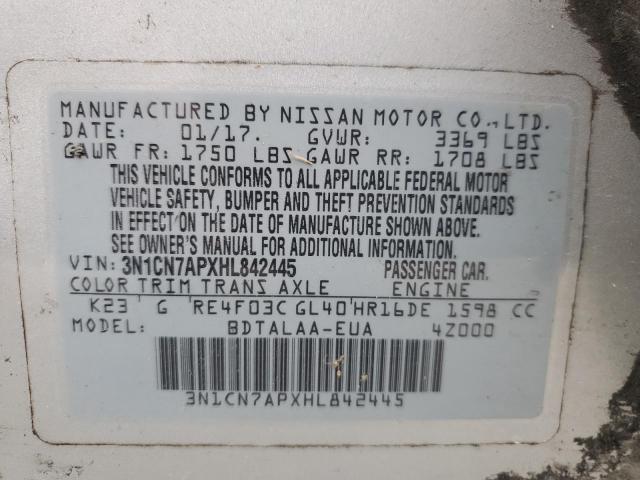 3N1CN7APXHL842445 - 2017 NISSAN VERSA S SILVER photo 12