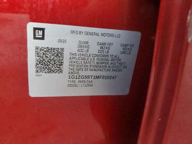 1G1ZG5ST1MF010247 - 2021 CHEVROLET MALIBU RS RED photo 12