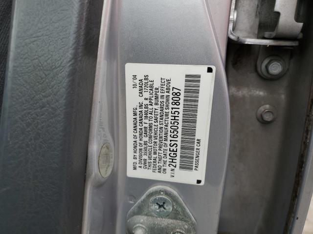 2HGES16505H518087 - 2005 HONDA CIVIC LX SILVER photo 13