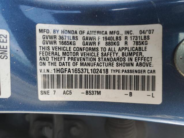 1HGFA16537L102418 - 2007 HONDA CIVIC LX BLUE photo 12