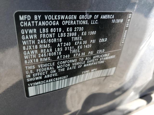 1V2MR2CA8KC505257 - 2019 VOLKSWAGEN ATLAS SEL GRAY photo 13
