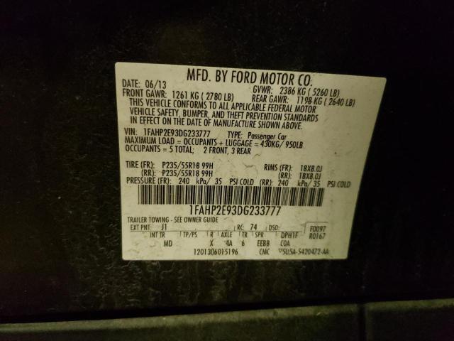 1FAHP2E93DG233777 - 2013 FORD TAURUS SEL BLACK photo 12