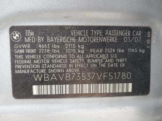 WBAVB73537VF51780 - 2007 BMW 335 I SILVER photo 13