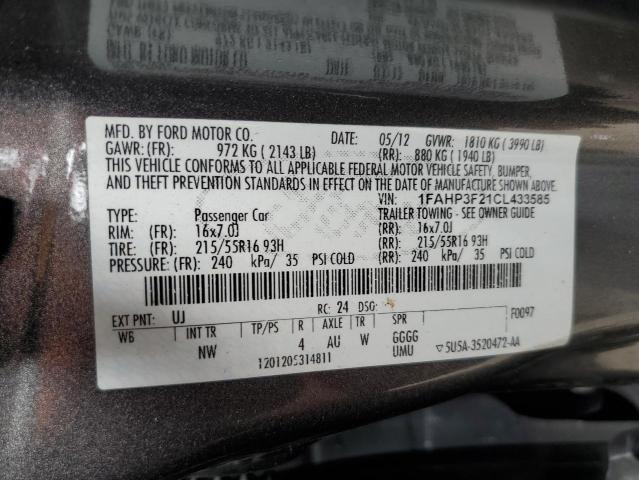 1FAHP3F21CL433585 - 2012 FORD FOCUS SE GRAY photo 13