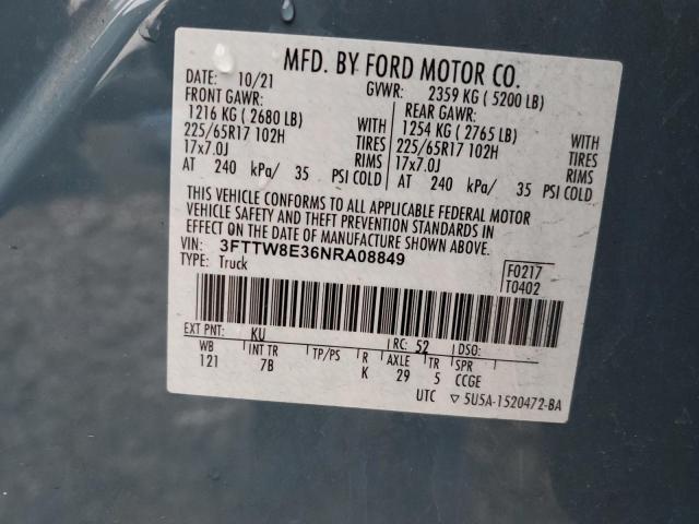 3FTTW8E36NRA08849 - 2022 FORD MAVERICK XL BLUE photo 12