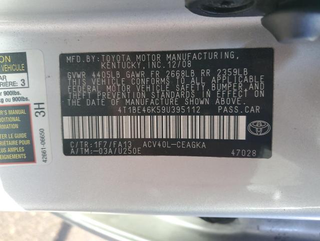 4T1BE46K59U395112 - 2009 TOYOTA CAMRY BASE SILVER photo 12