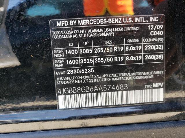 4JGBB8GB6AA574683 - 2010 MERCEDES-BENZ ML 350 4MATIC BLACK photo 12