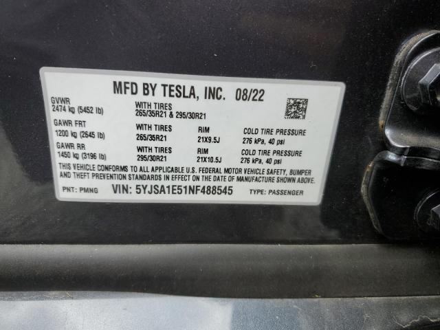 5YJSA1E51NF488545 - 2022 TESLA MODEL S GRAY photo 13