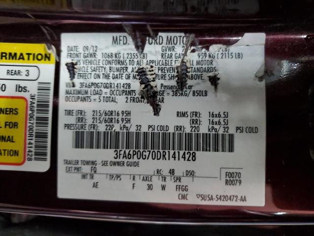 3FA6P0G70DR141428 - 2013 FORD FUSION S MAROON photo 13