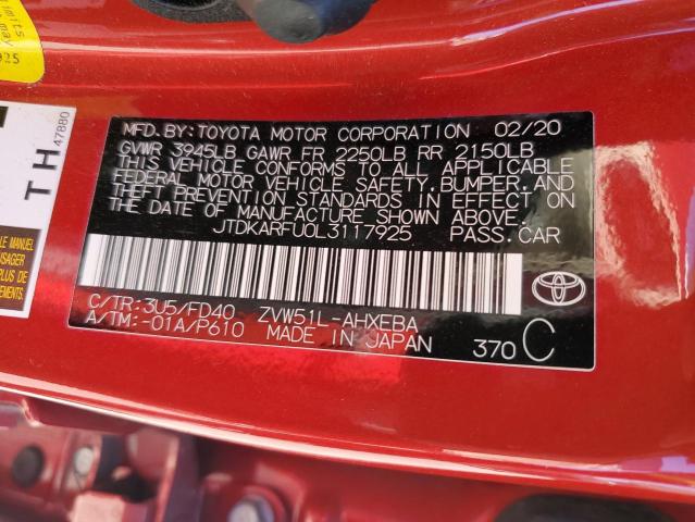 JTDKARFU0L3117925 - 2020 TOYOTA PRIUS L RED photo 12