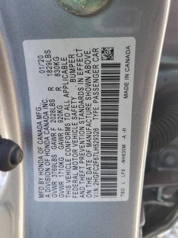 2HGFC2F67LH529326 - 2020 HONDA CIVIC LX SILVER photo 12