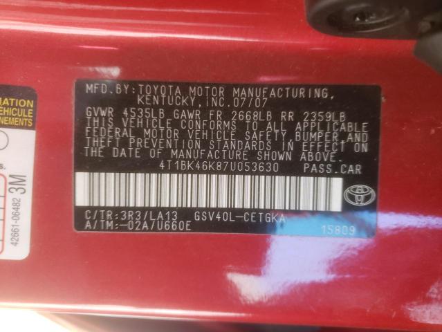 4T1BK46K87U053630 - 2007 TOYOTA CAMRY LE RED photo 12