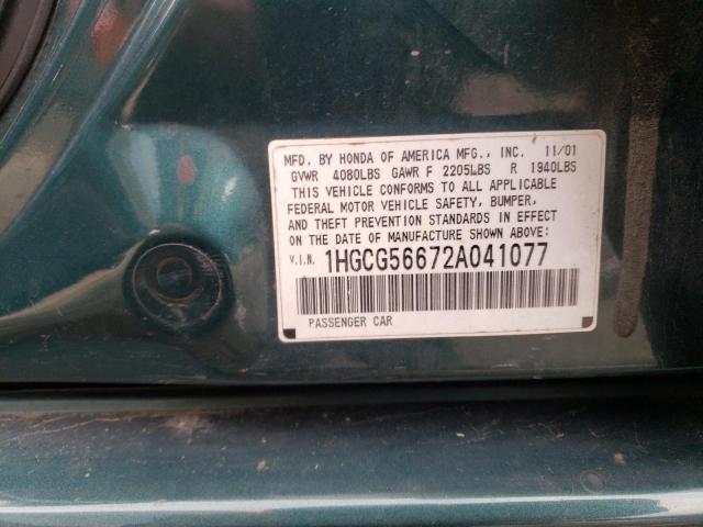 1HGCG56672A041077 - 2002 HONDA ACCORD EX GREEN photo 13