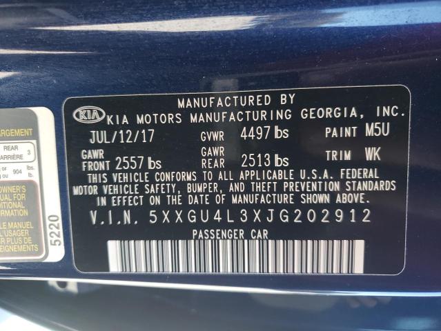 5XXGU4L3XJG202912 - 2018 KIA OPTIMA EX BLUE photo 12