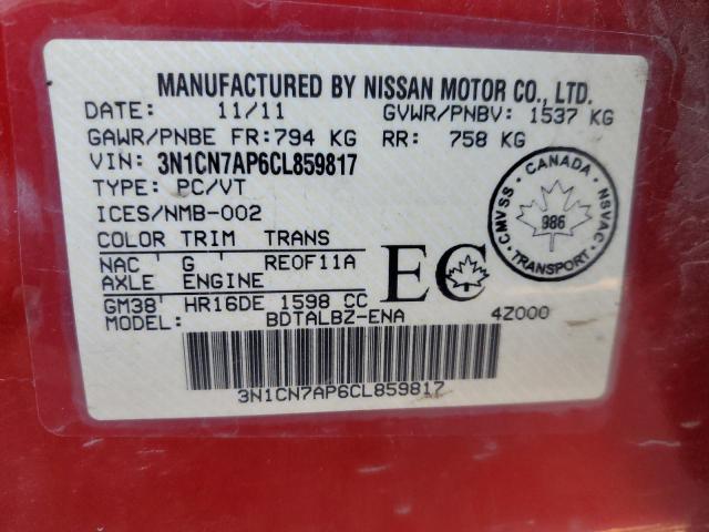 3N1CN7AP6CL859817 - 2012 NISSAN VERSA S RED photo 12