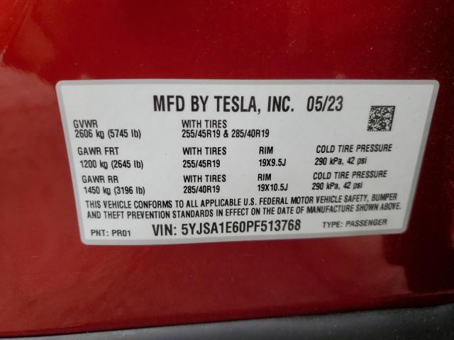 5YJSA1E60PF513768 - 2023 TESLA MODEL S Կարմիր լուսանկար 12